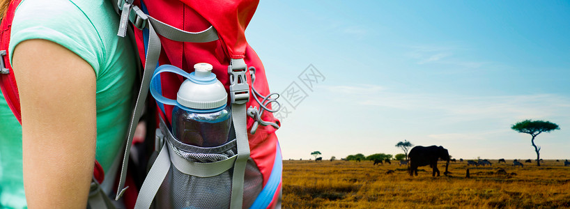 旅行,旅游,徒步旅行人的非洲大草原背景下,背包口袋里装着水瓶的女人动物身上特写把带水瓶的女人关背包里背景图片