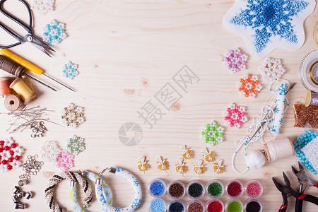 珠子,诞树用雪花的盒子,手工制作准备珠子背景图片