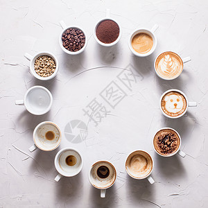 十个同阶段的白杯,准备卡布奇诺咖啡爱好者钟咖啡的爱背景图片