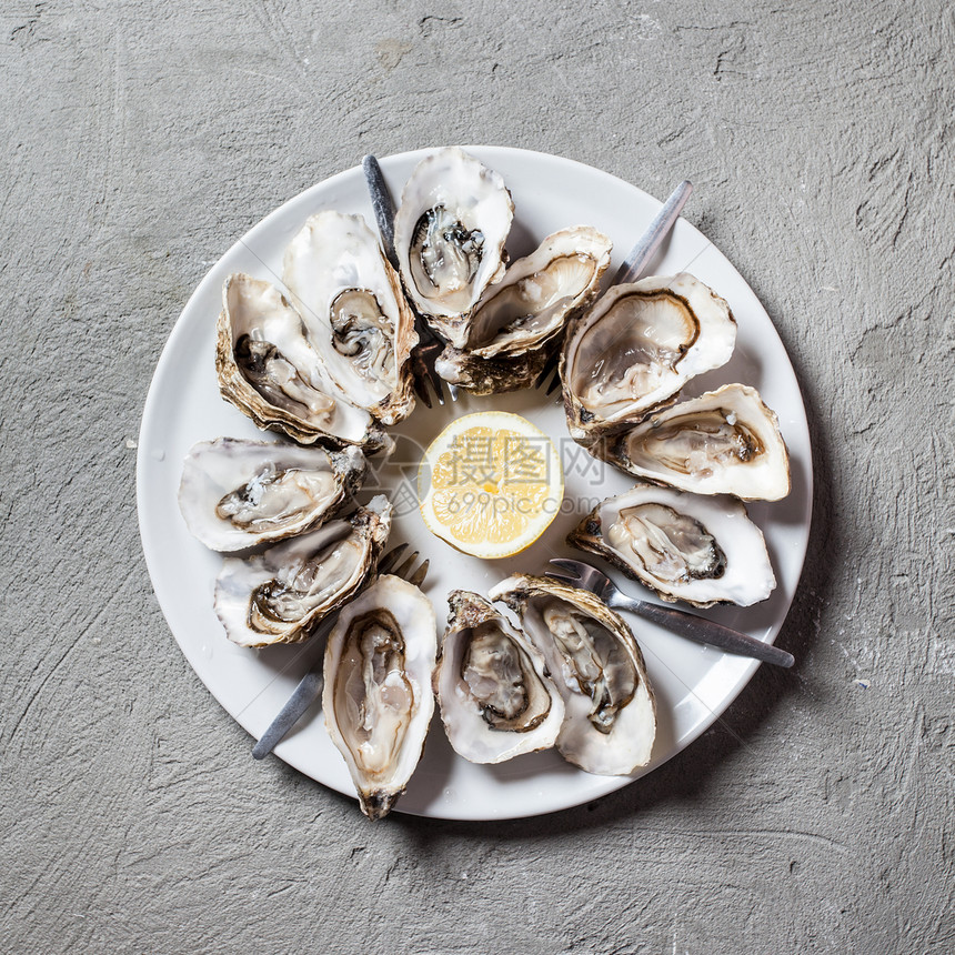 美味的牡蛎与柠檬片,顶部视图与文字的地方盘子里的牡蛎图片