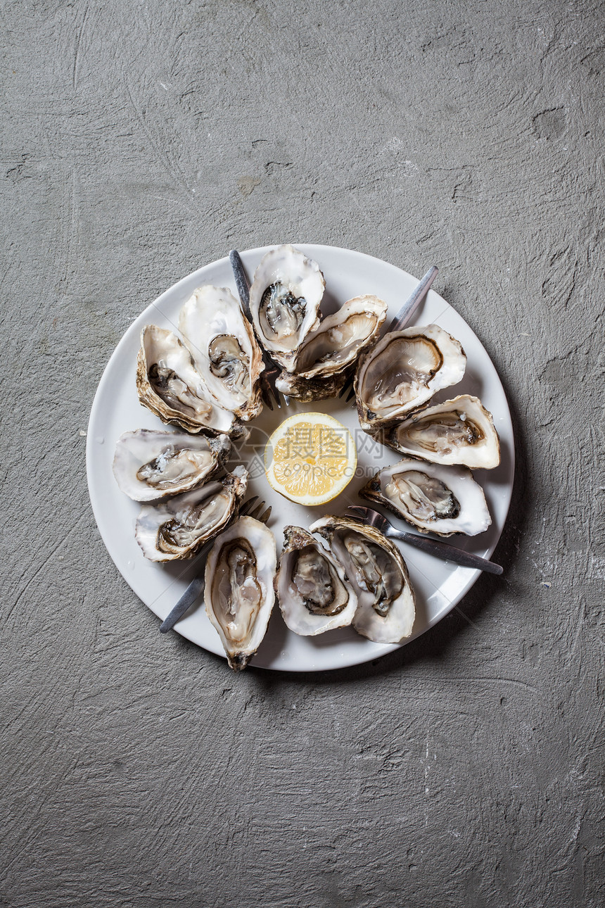 美味的牡蛎与柠檬片,顶部视图与文字的地方盘子里的牡蛎图片
