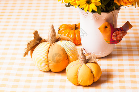 桌子上花小橙色纺南瓜的花瓶秋天的桌子装饰图片