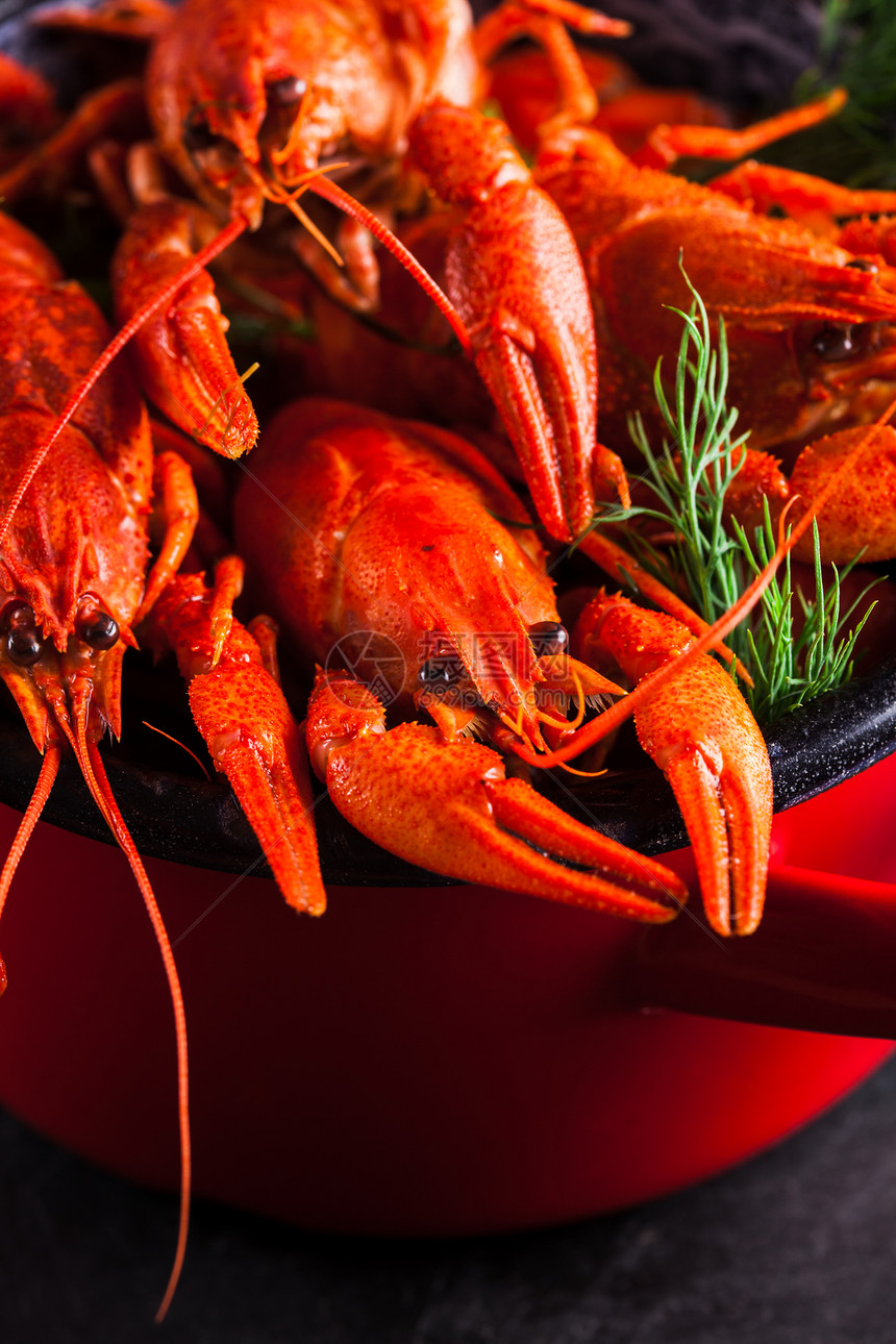 红色煮熟的小龙虾,石板黑暗的背景上草药煮龙虾特写图片