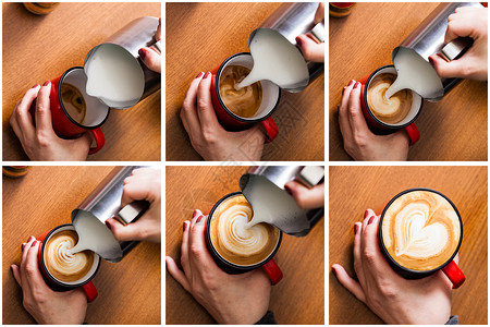 咖啡师把牛奶倒咖啡里咖啡师咖啡杯中倒入牛奶,制作铁艺术,六步过程,顶部视图图片