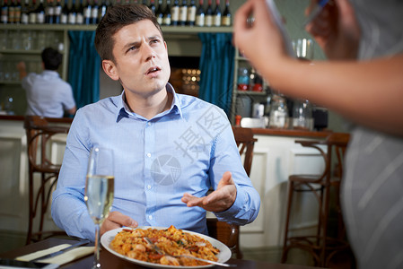 餐馆里的顾客向服务员抱怨食物背景图片