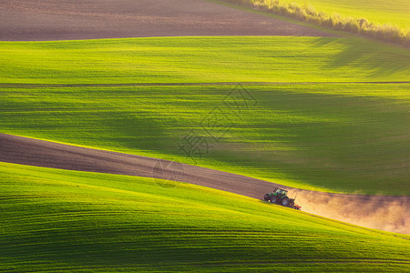 拖拉机春天犁田春天,捷克共国南莫拉维亚,犁耕拖拉机上的夕阳光背景图片