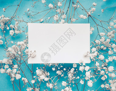 空白白色贺卡上的小白花绿松石蓝色背景,顶部视图,模拟背景图片