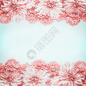 淡蓝色背景上的粉红色花框,顶部的景色花卉布局模拟,水平图片