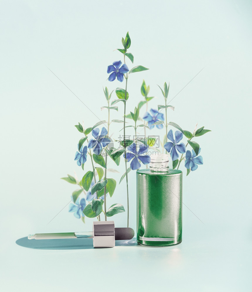 草药护肤化妆品美容理念绿色部血清油瓶与滴管吸管医用花卉草药站蓝色背景,正视图图片