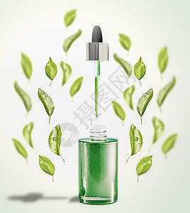 绿色部血清油瓶与吸管绿叶现代护肤美容自然美容理念图片