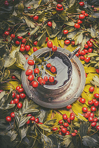 复古杯与草药秋茶与红色浆果,顶部景观图片
