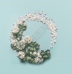 花圈由白花花瓣花淡蓝色背景上制成春夏花架平躺,俯视婚礼生日其他的邀请函卡片背景图片