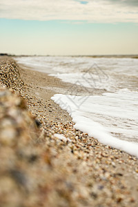 大海蓝天的背景下,贝壳的海岸线图片