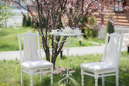 婚礼装饰椅桌子,杯子,茶壶背景图片