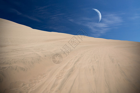 游客阿塔卡马沙漠的沙丘上旅行南美秘鲁华卡奇纳绿洲月亮照耀着图片
