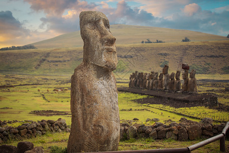 摩艾石像莫伊斯阿胡汤加里基复活节岛,智利背景