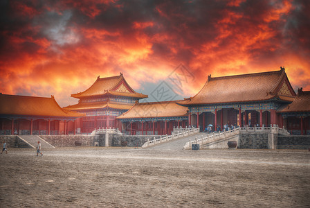 紫禁城世界上最大的宫殿建筑群位于北京市中心,靠近主广场紫禁城背景图片