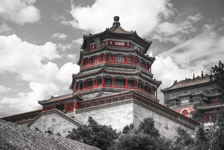 北京郊区的夏季皇宫黑白照片图片