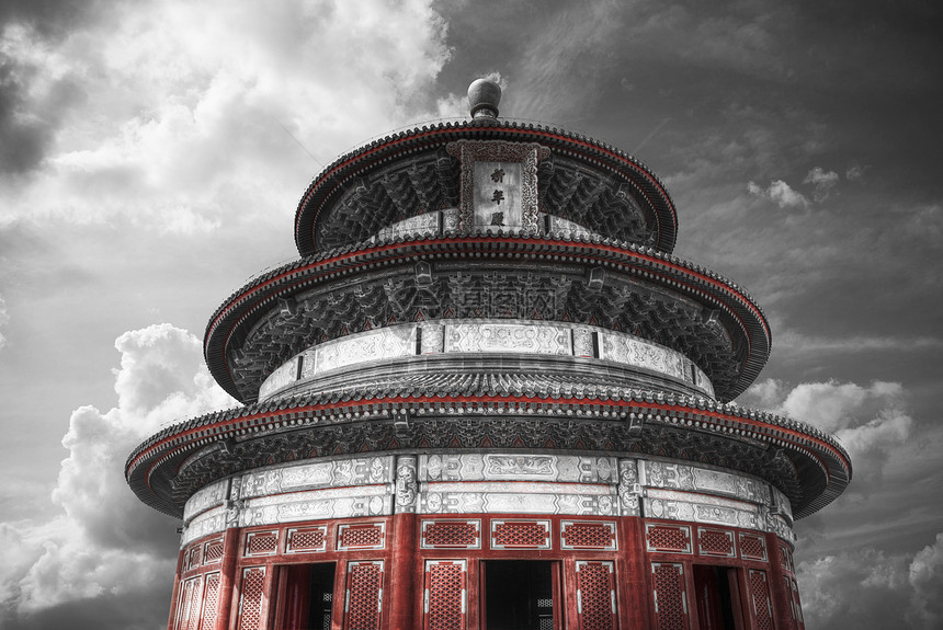 天坛北京市中心的寺庙修道院建筑群黑白照片图片