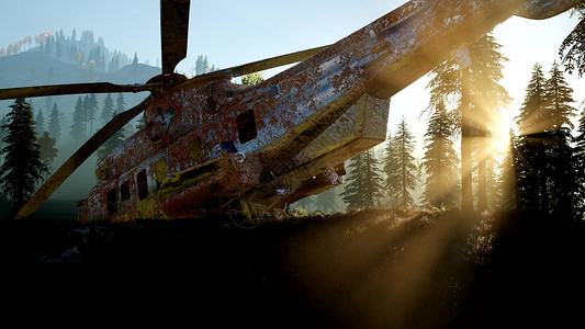 日出时山林中老旧生锈的用直升机旧的生锈的用直升机背景图片