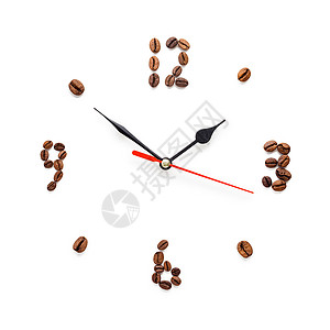 白色背景下咖啡豆制作的咖啡钟的创意照片图片