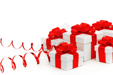 白色盒子里的礼物,白色背景上隔离着卷曲的红色丝带背景图片