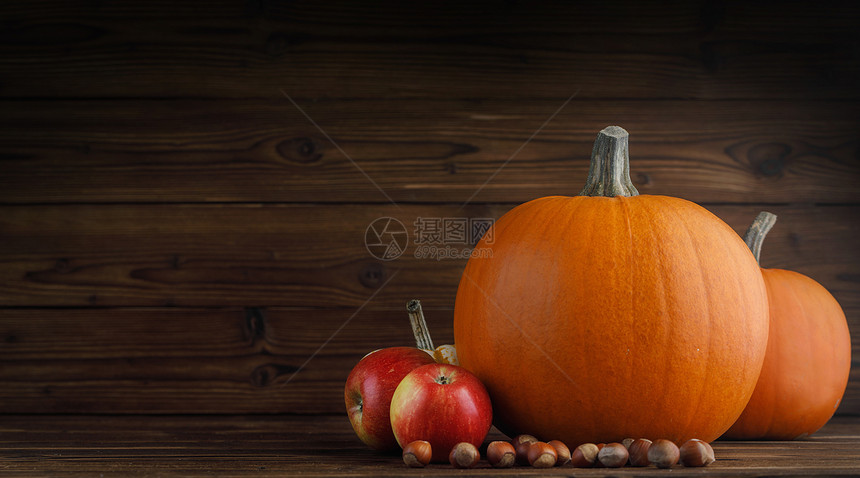 秋收生活与南瓜,苹果,榛子木制的背景木桌上的秋收图片