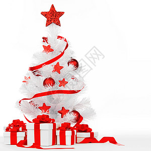 白色诞树,红色装饰,白色背景上礼物背景图片