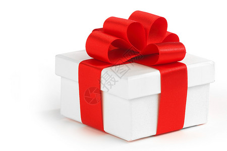 个白色礼品盒,红结隔离白色背景上背景图片