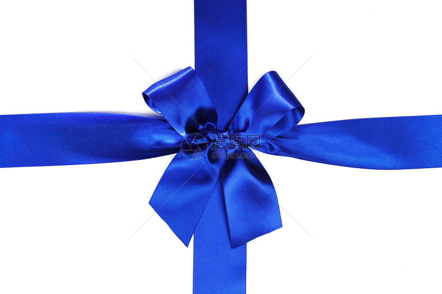 闪亮的蓝色缎带蝴蝶结隔离白色背景上图片