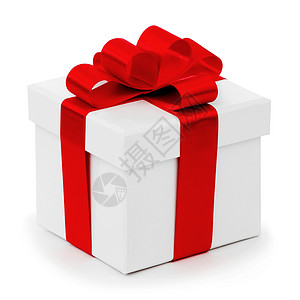 白色礼品盒与红色丝带蝴蝶结隔离白色背景特写图片