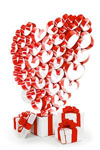 情人节礼物白色的盒子里,红色的丝带白色隔离的心图片