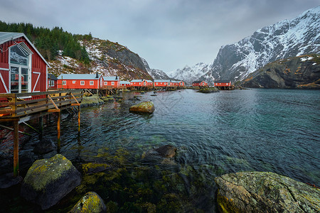 艾德峡湾努斯福德真正的渔村冬天挪威洛福腾群岛挪威Nusfjord渔村背景