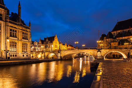 特谢林晚上的根特运河,桥米谢尔林街根特,比利时晚上,比利时背景