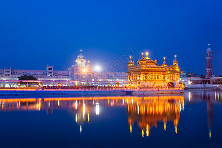 希克杜瓦锡克教地古德瓦拉斯里哈曼迪尔萨希布又称金殿,也叫达巴尔萨希布夜间照明印度旁遮普邦阿姆利则金殿,阿姆利则背景
