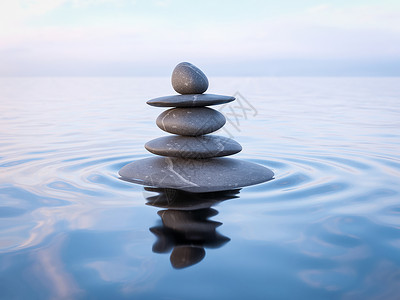 冯三维渲染水中禅石与反射平平衡冥想放松平衡的禅宗石头水中背景