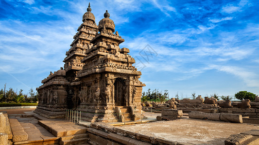 著名的泰米尔纳德地标全景海岸寺庙,世界遗产地点马哈巴利普拉姆,泰米尔纳德邦,印度印度泰米尔纳德邦Mahabalipura背景图片