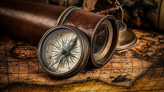 信箱图旅行地理导航背景旧复古罗盘的全景与日晷,间谍璃绳子古代世界古上的老式指南针背景