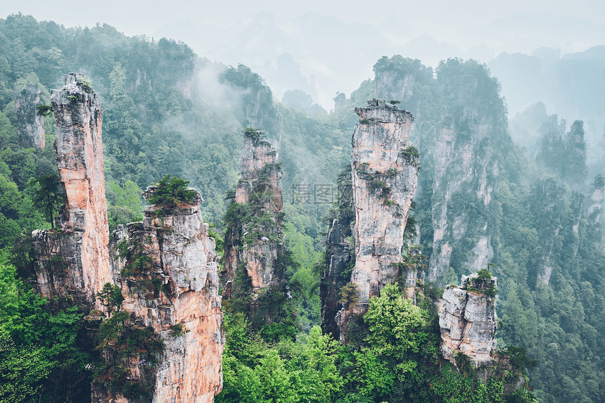 中国著名的旅游景点张家界石柱崖山雾云中,湖南武陵源,中国张家界山脉,中国图片