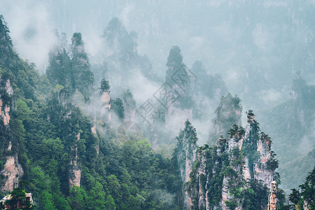 中国著名的旅游景点张家界石柱崖山雾云中,湖南武陵源,中国张家界山脉,中国图片