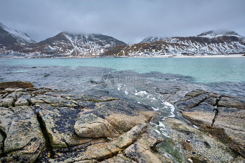 挪威海峡湾的岩石海岸,冬天雪豪克兰海滩,洛芬岛,挪威挪威峡湾的岩石海岸图片