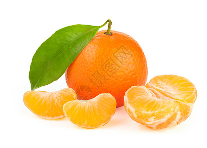 橙色橘子,白色背景上分离片段橙橘与叶分离背景图片