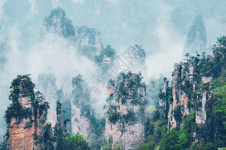 比特鲁特之雾中国著名的旅游景点张家界石柱崖山雾云中,湖南武陵源,中国张家界山脉,中国背景