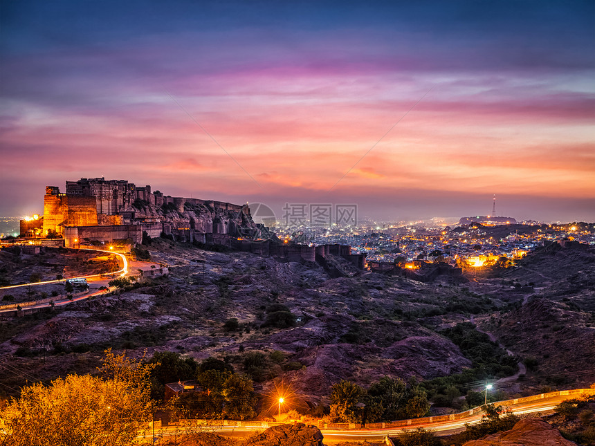 著名的印度旅游地标梅尔兰加尔堡黄昏乔德普尔,拉贾斯坦邦,印度梅兰加堡黄昏乔德普尔,印度图片