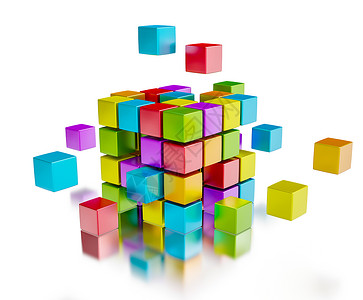 业务队队协作彩色立方体装成立方结构隔离白色与反射企业队合作互联网通信理念背景图片