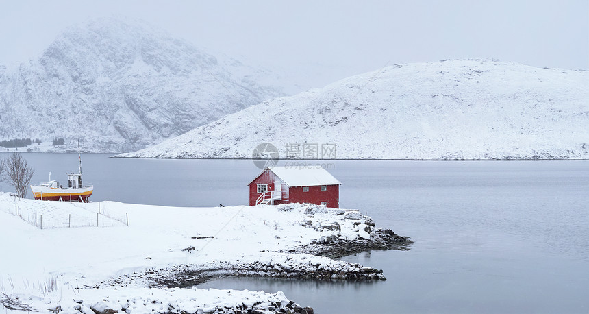 传统的红色罗布屋峡湾海岸的全景,冬季大雪挪威洛福腾群岛冬天的红罗布房子,洛芬岛,挪威图片