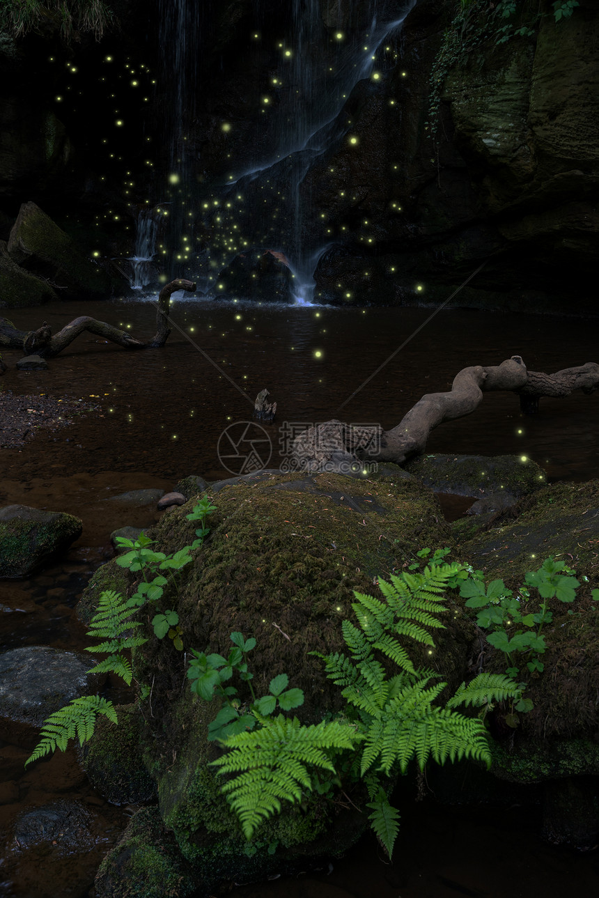 黄昏时惊人的瀑布景观,萤火虫树叶周围发光图片