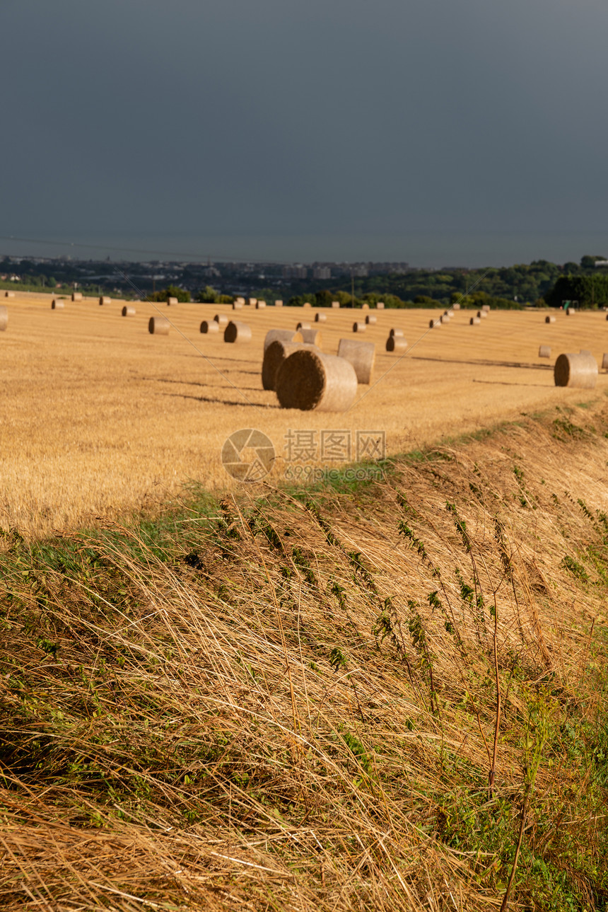 美丽的喜怒无常的夏季景观的干草捆田与戏剧的暴风雨云头顶英国农村图片