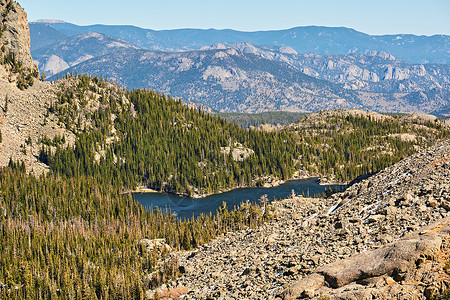 秋天,湖上岩石山脉美国科罗拉多州洛基山公园图片