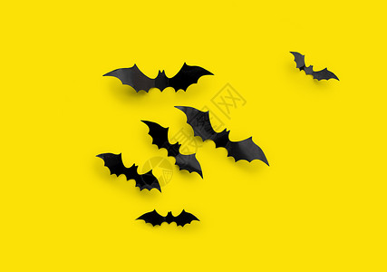 纸蝙蝠万节装饰品许多黑色纸蝠黄色背景黄色背景的黑色万节蝙蝠背景